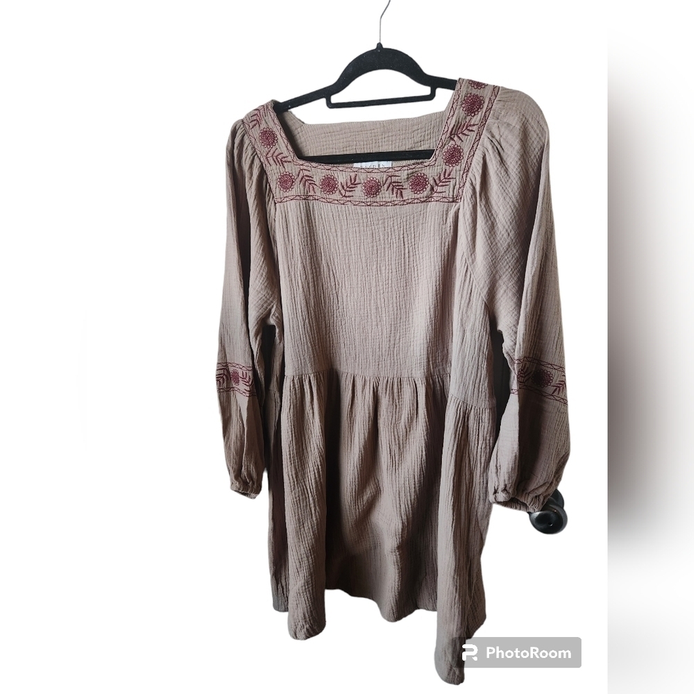 HAYDEN Taffy Khaki Woven Midi Dress Featuring Red Embroidery Medium